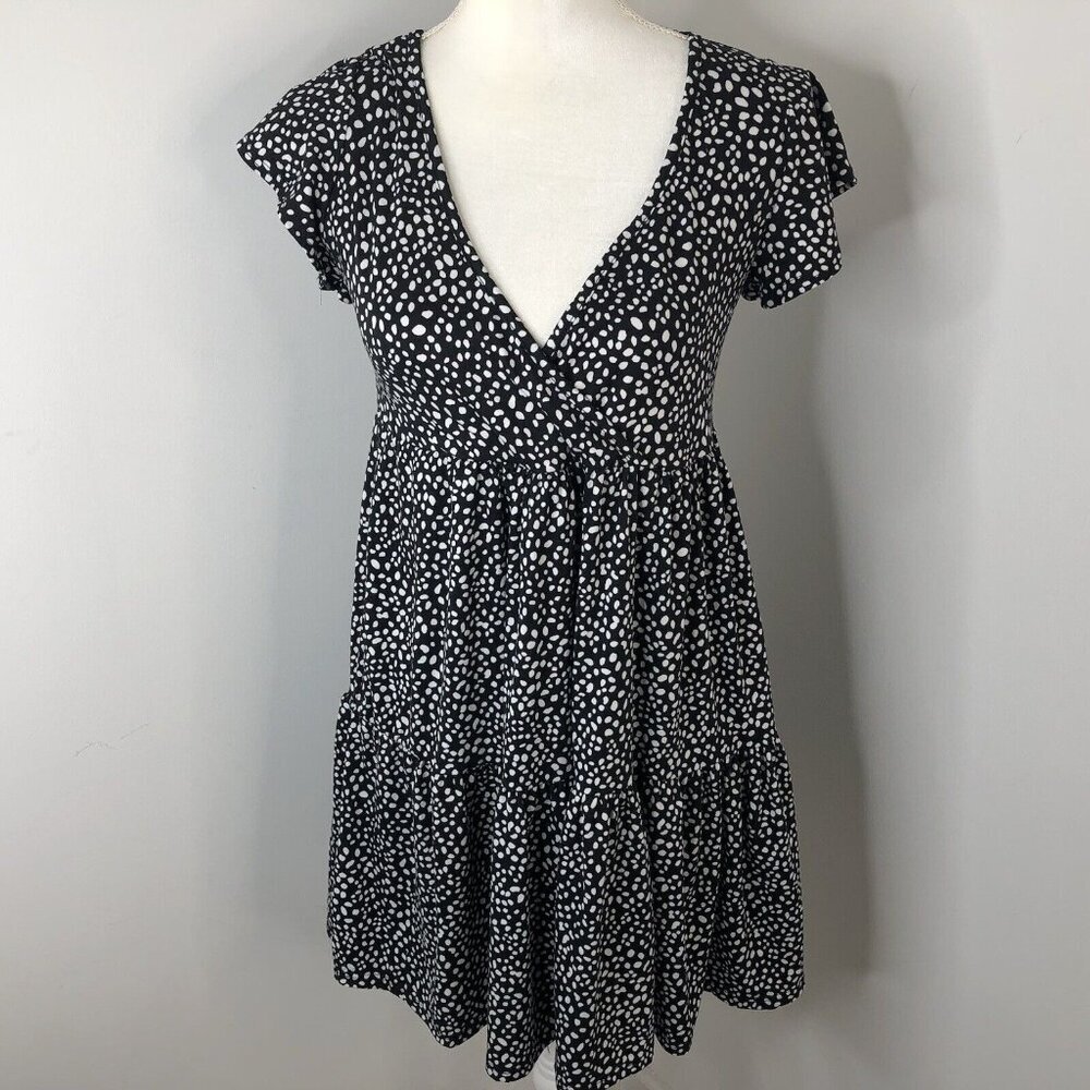 Jessica Simpson Womens Dress Size M Black White Tiered Faux Wrap Flutter Sleeves
